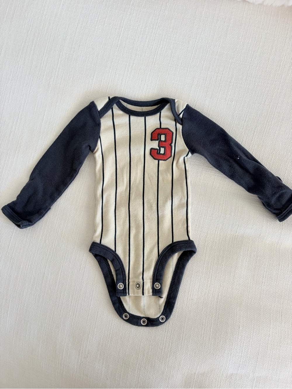 Striped Number 3 Long-Sleeve Onesie in Navy and Cream newborn